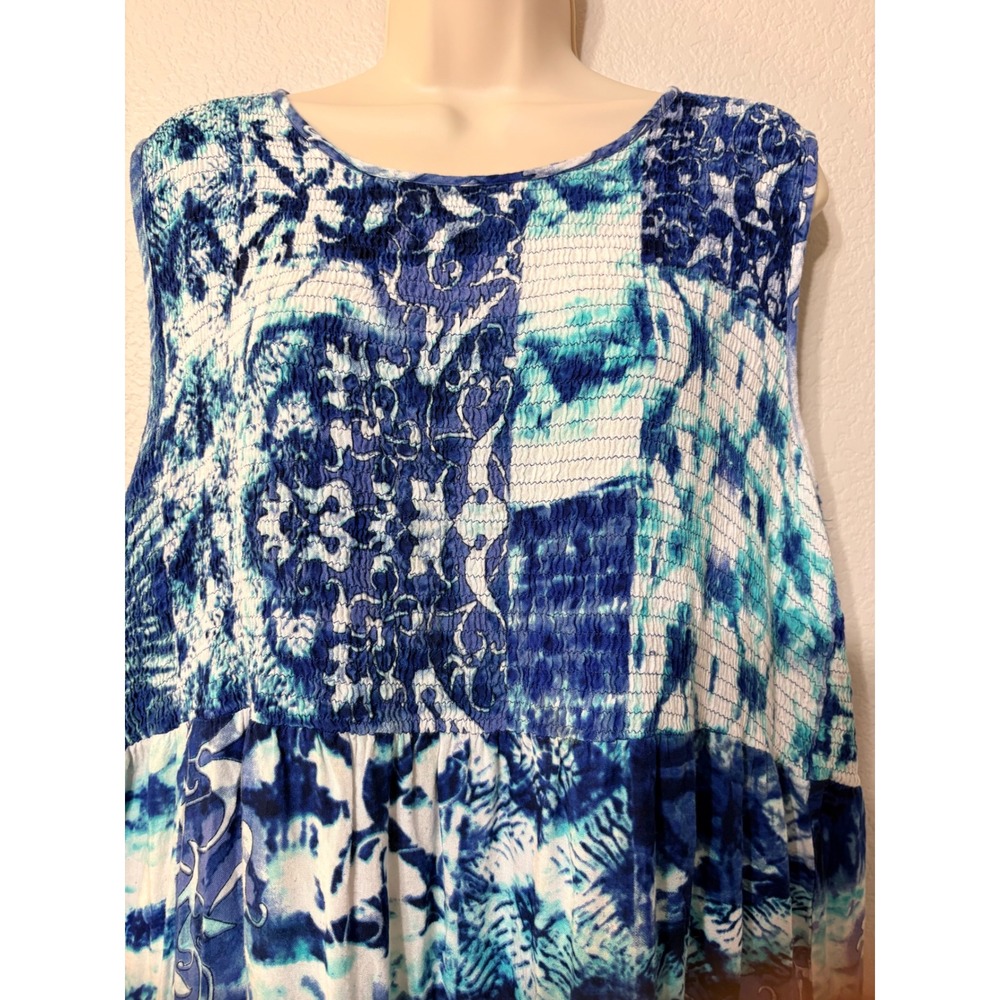La Cera Blue Patchwork Batik Smocked Tiered Midi Dress Sleeveless Rayon Boho - Picture 2 of 14